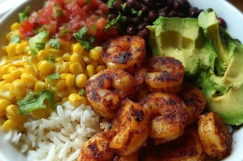 Colorful Fiesta Shrimp Rice Bowl with shrimp, rice, and fresh vegetables