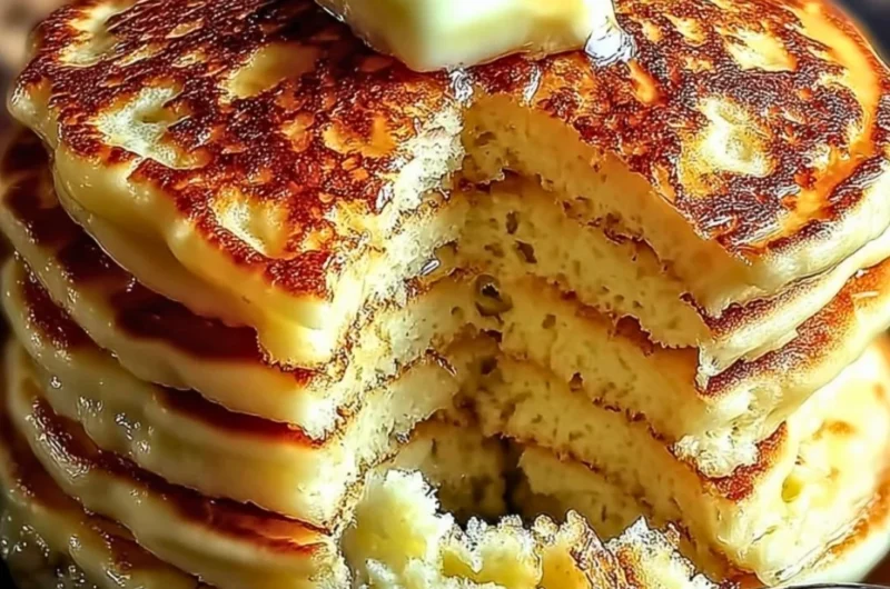 Flourless cottage cheese pancakes stacked and ready to serve with toppings