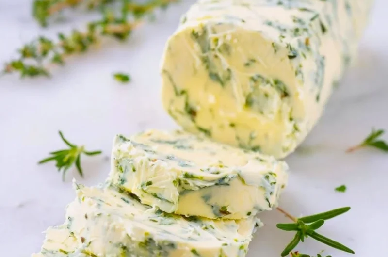 Delicious garlic butter spread on fresh bread with herbs and garlic cloves