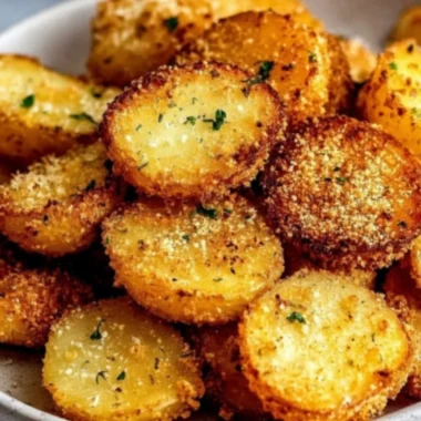 Crispy Garlic Parmesan Crusted Potatoes on a serving plate