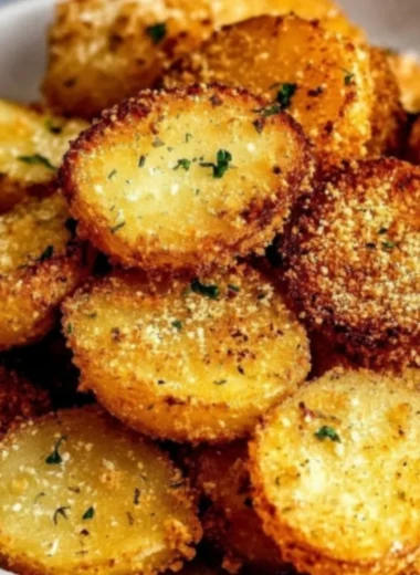 Crispy Garlic Parmesan Crusted Potatoes on a serving plate