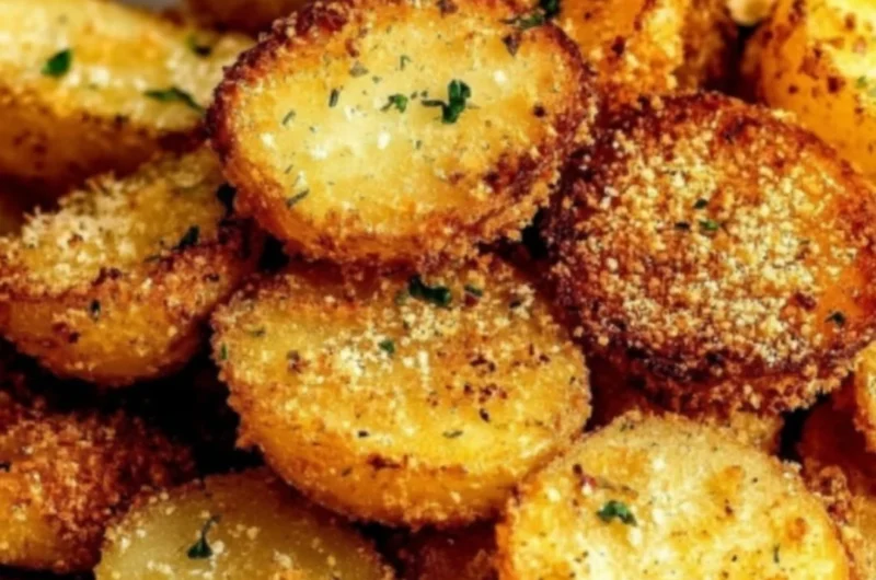 Crispy Garlic Parmesan Crusted Potatoes on a serving plate