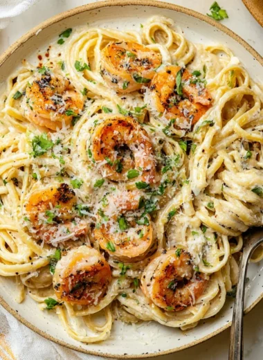 Delicious Garlic Shrimp Pasta with herbs and spices served in a bowl
