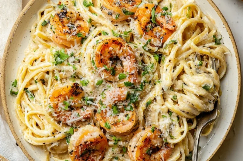 Delicious Garlic Shrimp Pasta with herbs and spices served in a bowl