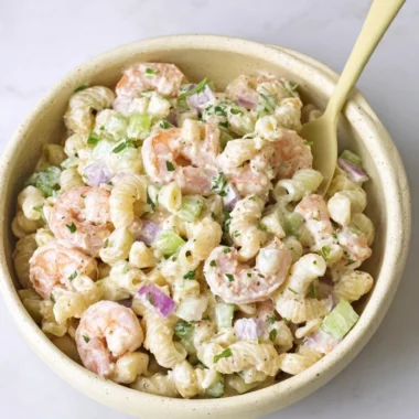 Delicious homemade crab pasta salad with ranch dressing served in a bowl.