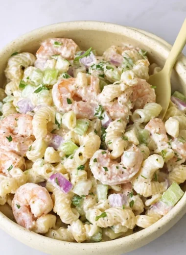 Delicious homemade crab pasta salad with ranch dressing served in a bowl.