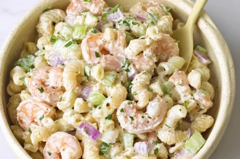 Delicious homemade crab pasta salad with ranch dressing served in a bowl.