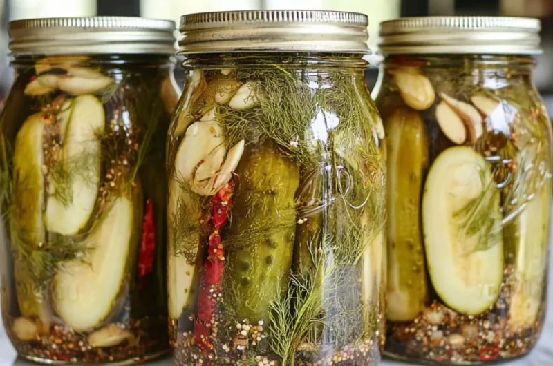 Homemade killer spicy garlic dill pickles in a jar