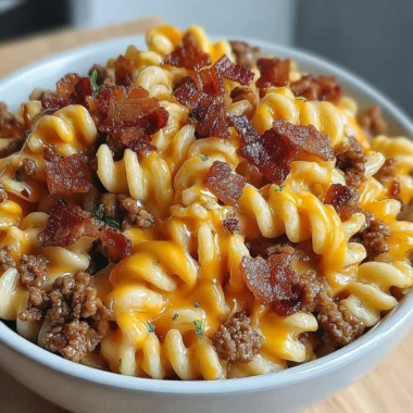 Delicious loaded bacon cheeseburger pasta topped with cheese and crispy bacon.