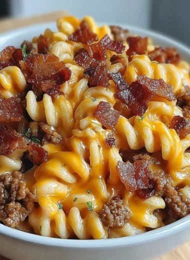 Delicious loaded bacon cheeseburger pasta topped with cheese and crispy bacon.