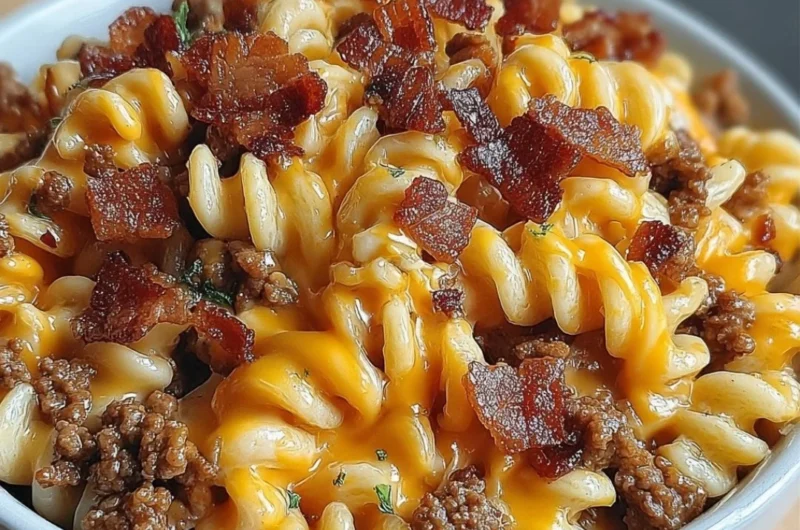 Delicious loaded bacon cheeseburger pasta topped with cheese and crispy bacon.