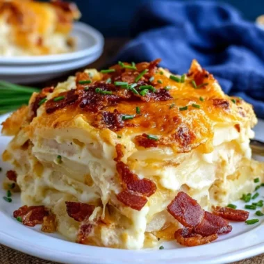 Delicious loaded scalloped potatoes topped with cheese and herbs