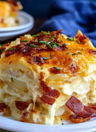 Delicious loaded scalloped potatoes topped with cheese and herbs