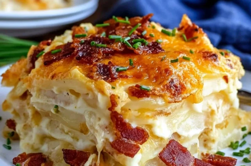 Delicious loaded scalloped potatoes topped with cheese and herbs