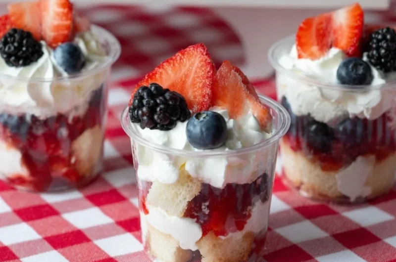 Delicious mini shortcake cups topped with fresh berries and whipped cream.
