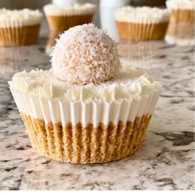 Delicious no-bake coconut cheesecake topped with shredded coconut and whipped cream