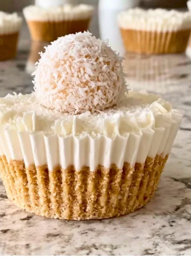 Delicious no-bake coconut cheesecake topped with shredded coconut and whipped cream