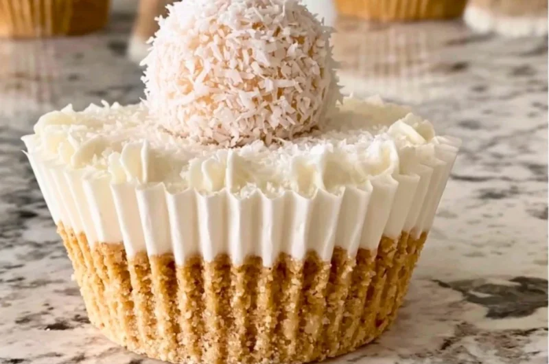 Delicious no-bake coconut cheesecake topped with shredded coconut and whipped cream