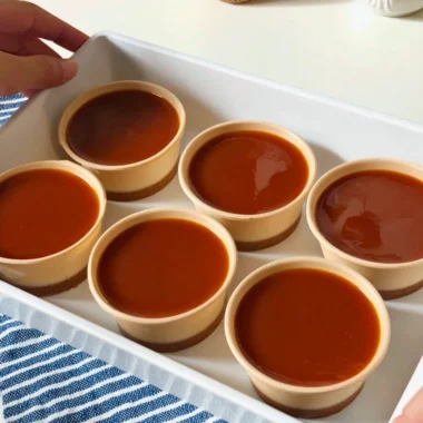 No-Bake Salted Caramel Cheesecake Cups topped with caramel drizzle