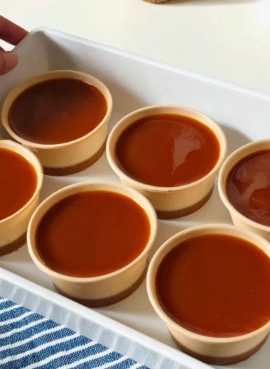 No-Bake Salted Caramel Cheesecake Cups topped with caramel drizzle
