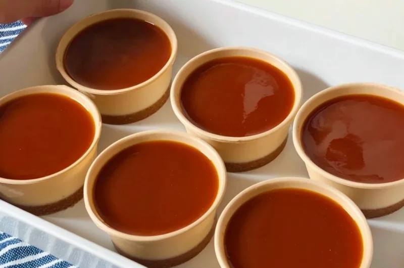 No-Bake Salted Caramel Cheesecake Cups topped with caramel drizzle