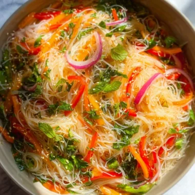 A delicious bowl of no cook noodle salad with colorful vegetables.