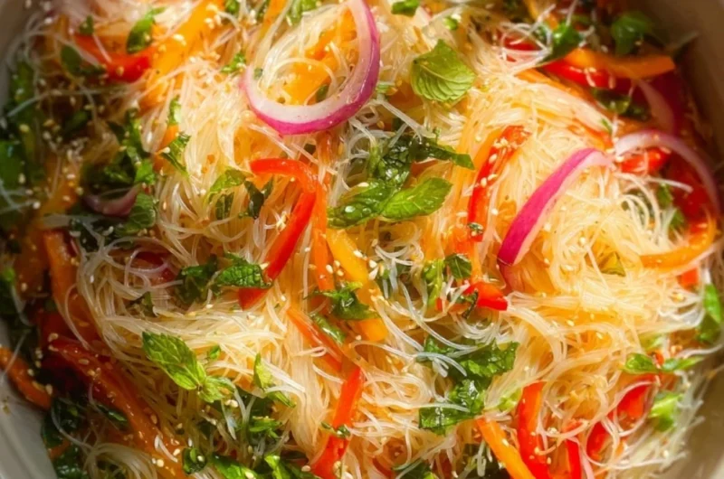 A delicious bowl of no cook noodle salad with colorful vegetables.