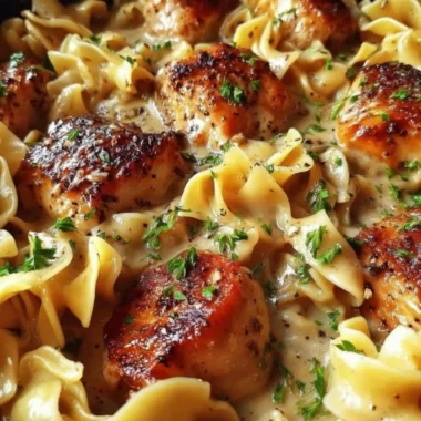 One-Pan Creamy Garlic Butter Chicken served with Egg Noodles