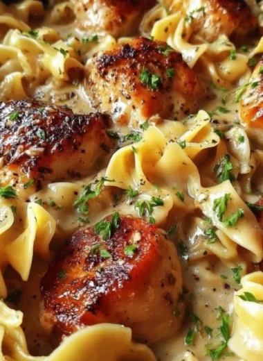 One-Pan Creamy Garlic Butter Chicken served with Egg Noodles