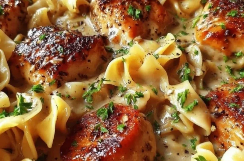 One-Pan Creamy Garlic Butter Chicken served with Egg Noodles