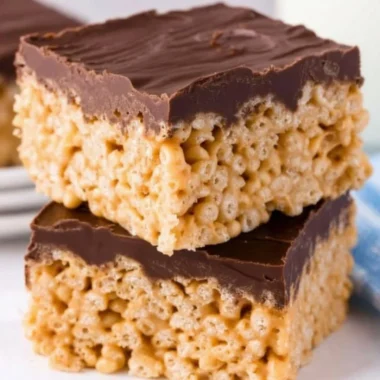 Peanut Butter Rice Krispie Treats with a gooey texture and crispy cereal