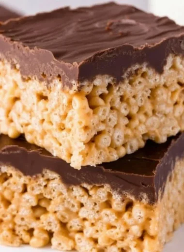 Peanut Butter Rice Krispie Treats with a gooey texture and crispy cereal