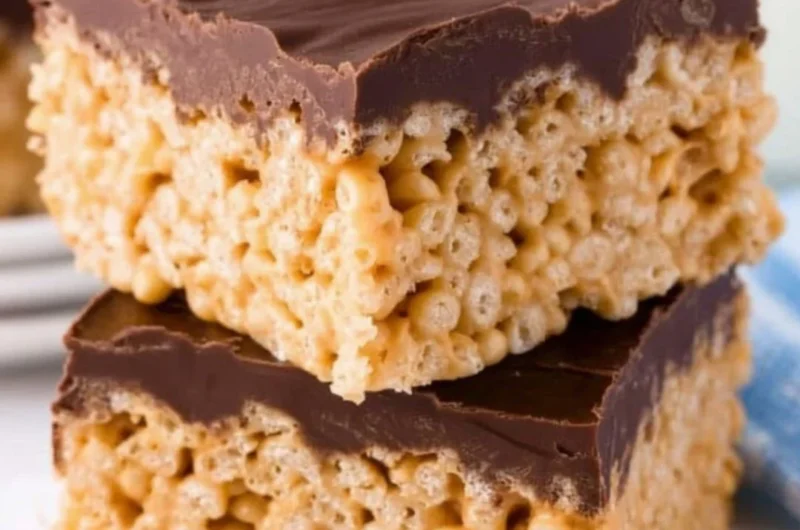 Peanut Butter Rice Krispie Treats with a gooey texture and crispy cereal