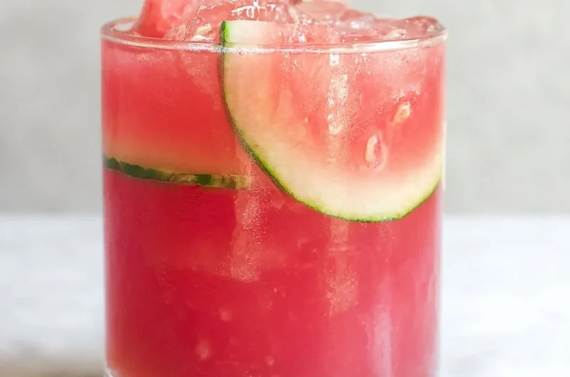 Refreshing watermelon cocktail punch served in glasses with fruit garnishes