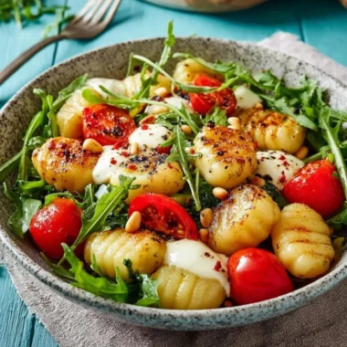 Roasted gnocchi salad with basil pesto, fresh tomatoes, mozzarella, and arugula