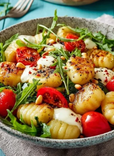 Roasted gnocchi salad with basil pesto, fresh tomatoes, mozzarella, and arugula