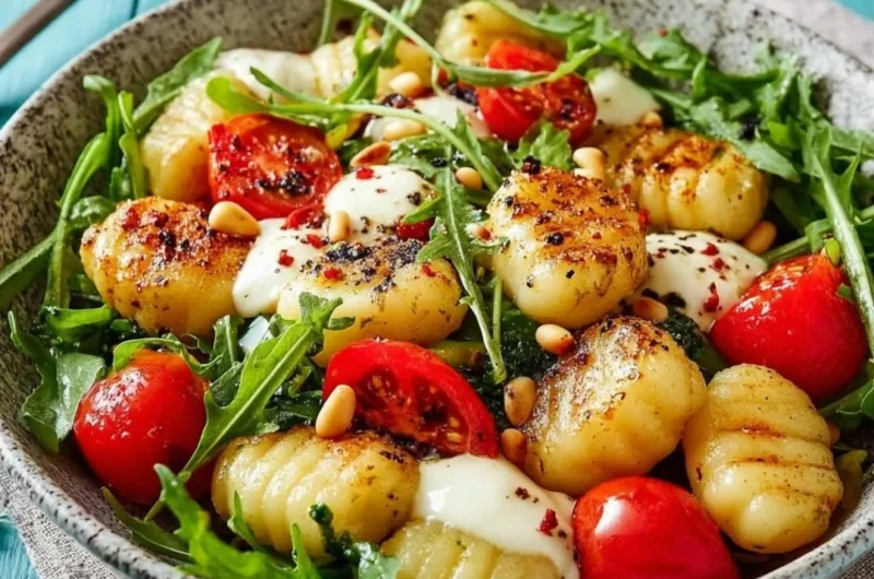 Roasted gnocchi salad with basil pesto, fresh tomatoes, mozzarella, and arugula