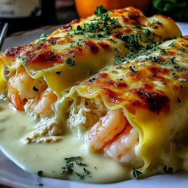 Shrimp and crab alfredo lasagna roll-ups topped with cheese and herbs