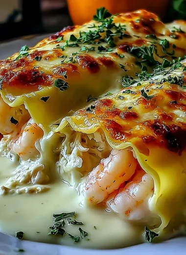Shrimp and crab alfredo lasagna roll-ups topped with cheese and herbs