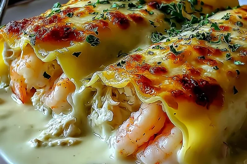 Shrimp and crab alfredo lasagna roll-ups topped with cheese and herbs