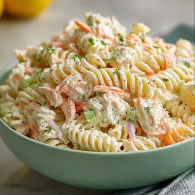Shrimp pasta salad with vegetables and dressing in a bowl