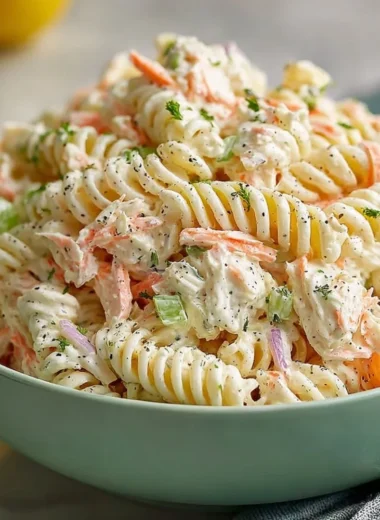 Shrimp pasta salad with vegetables and dressing in a bowl