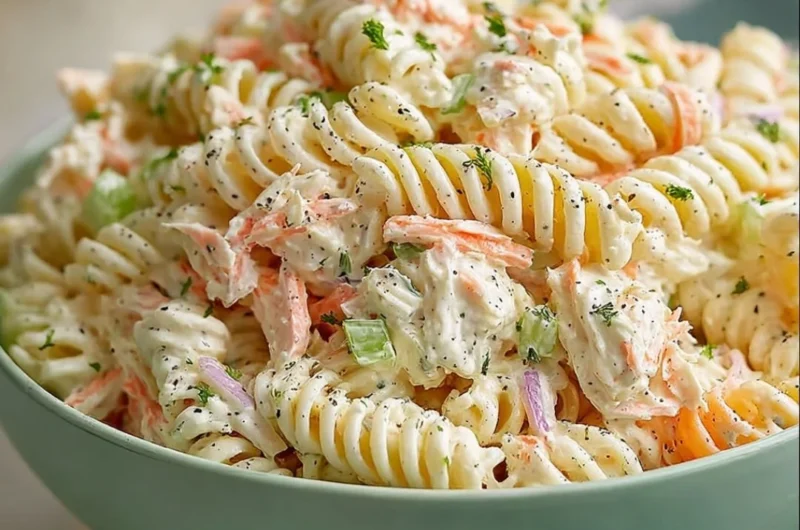 Shrimp pasta salad with vegetables and dressing in a bowl