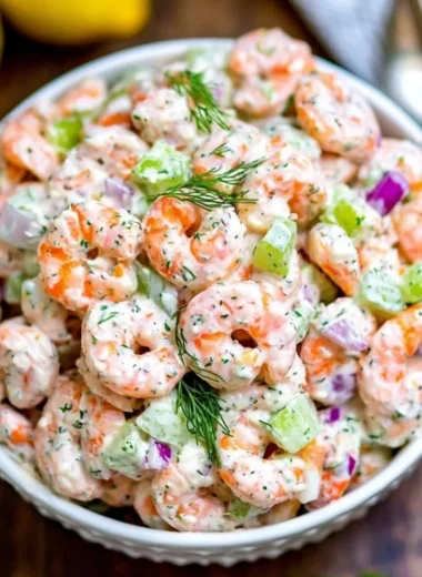Delicious shrimp salad with fresh veggies and zesty dressing