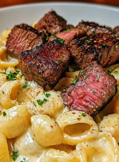 Steak bites served with shell pasta in garlic butter Alfredo sauce