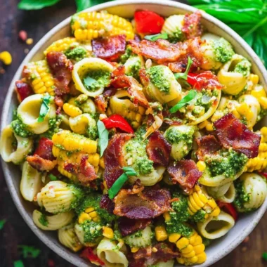 Colorful bowl of summer pasta salad with fresh vegetables and dressing