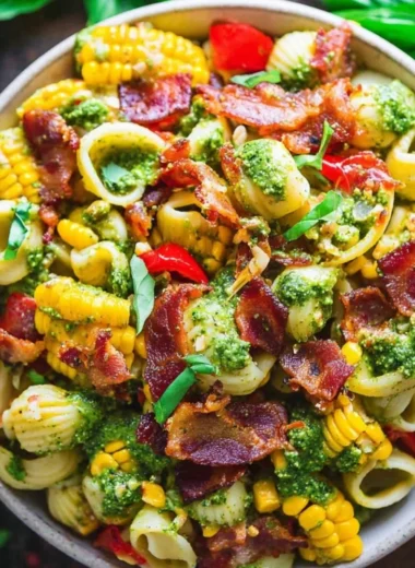 Colorful bowl of summer pasta salad with fresh vegetables and dressing