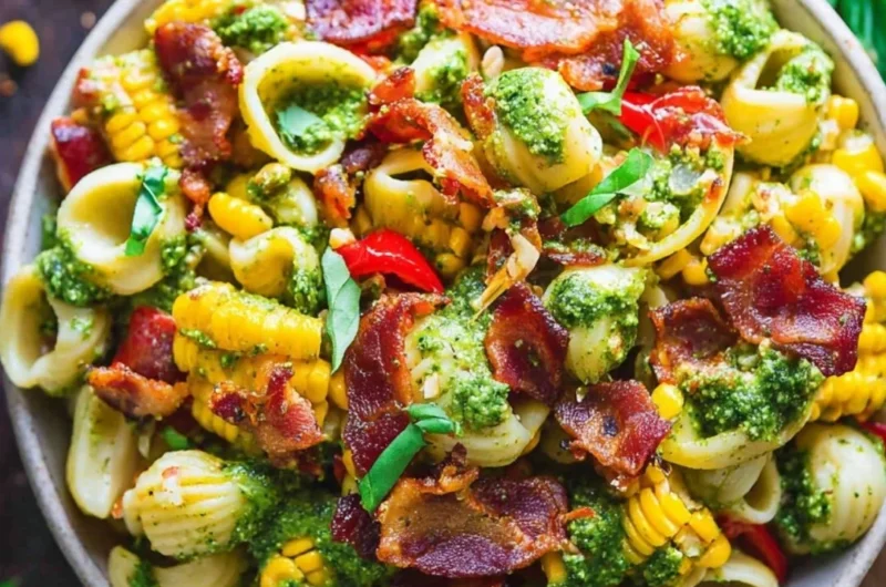 Colorful bowl of summer pasta salad with fresh vegetables and dressing