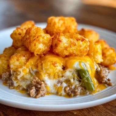 Delicious Tater Tot Casserole with Ground Beef served in a baking dish