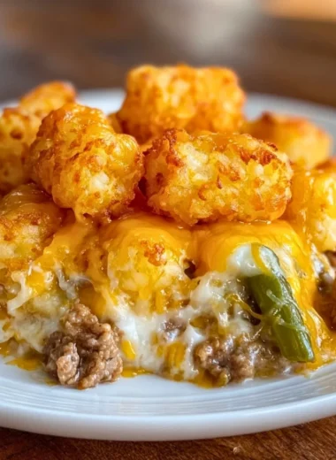 Delicious Tater Tot Casserole with Ground Beef served in a baking dish